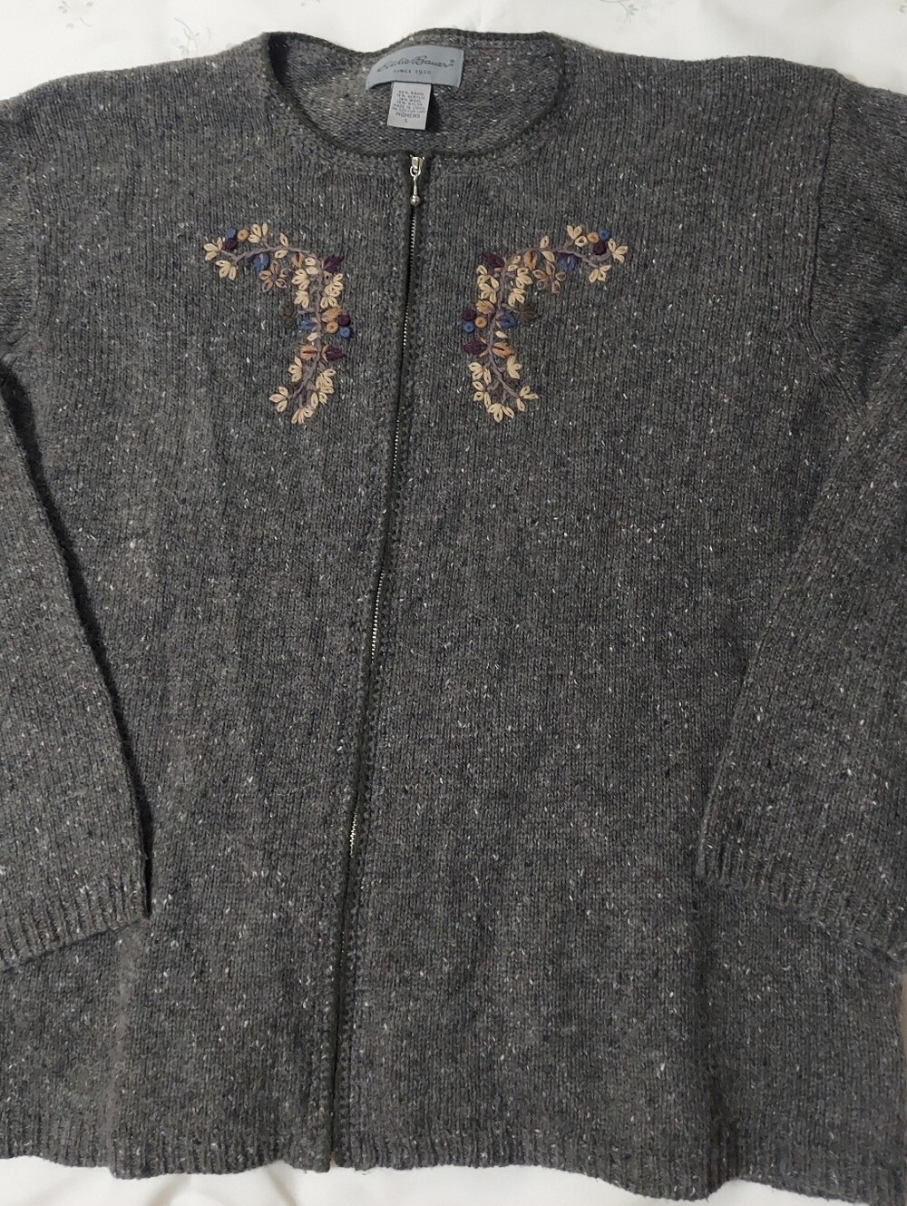 Eddie Bauer Full Zip Gray Flecked Embroidered Cardigan Women's Large